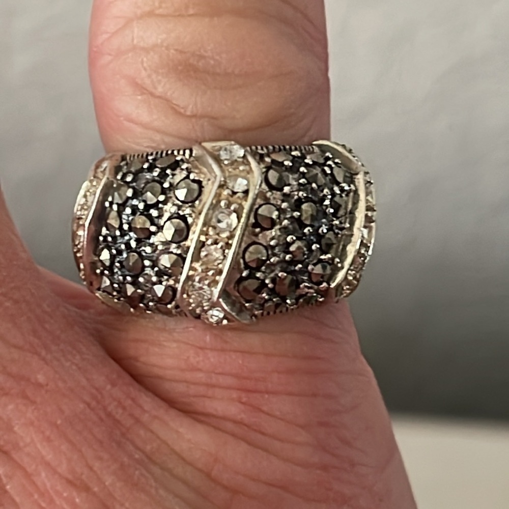 Sterling Silver Marcasite Crystal Wide Band Statement Ring - Picture 7 of 8
